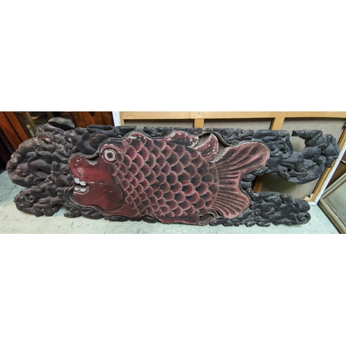 507 - CARVING OF A FISH, 195cm H x 63cm, Thai, polychrome design, of substantial proportions. (To be sold ... 