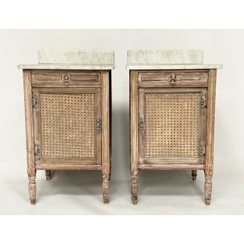 126 - BEDSIDE CABINETS, a pair, Aesthetic bleached walnut and cane panelled each with drawer, panelled doo... 