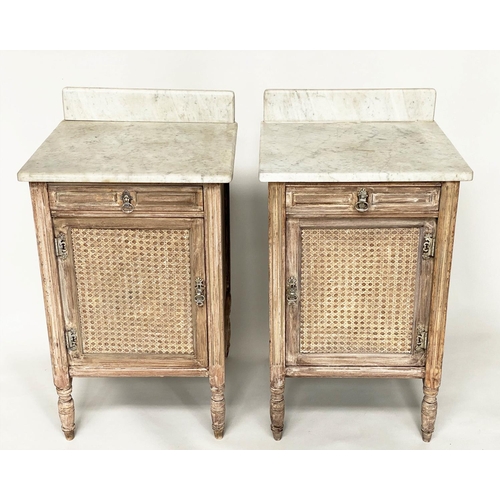 126 - BEDSIDE CABINETS, a pair, Aesthetic bleached walnut and cane panelled each with drawer, panelled doo... 