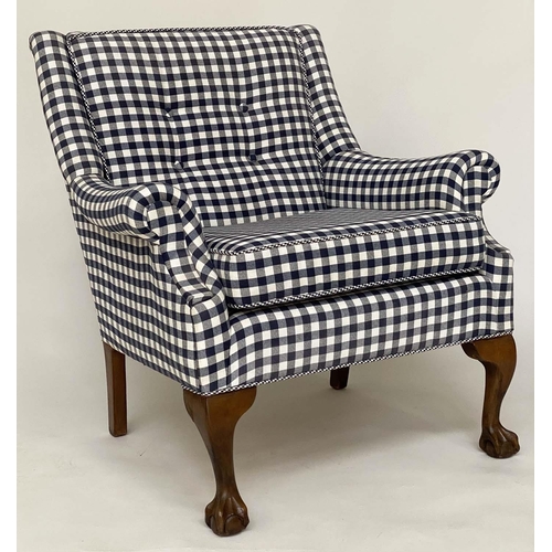 127 - ARMCHAIR, 1930s charcoal grey check cotton upholstery with buttoned back and cord detail, 72cm W.