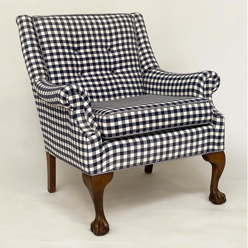 127 - ARMCHAIR, 1930s charcoal grey check cotton upholstery with buttoned back and cord detail, 72cm W.