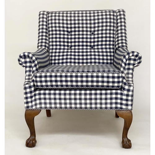 127 - ARMCHAIR, 1930s charcoal grey check cotton upholstery with buttoned back and cord detail, 72cm W.