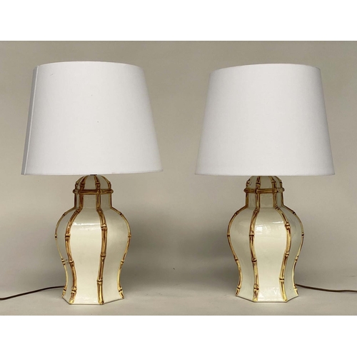 130 - TABLE LAMPS, a pair, ginger jar form, white ceramic with faux bamboo highlights (with shades, 70cm).... 