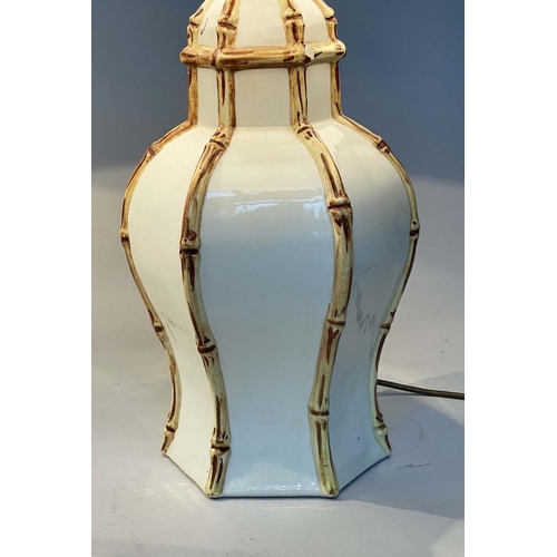 130 - TABLE LAMPS, a pair, ginger jar form, white ceramic with faux bamboo highlights (with shades, 70cm).... 