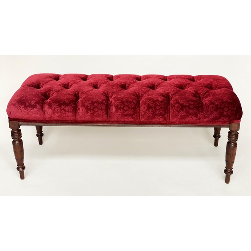 134 - WINDOW SEAT, Victorian style mahogany rectangular, with deep button claret brocade upholstery, 118cm... 