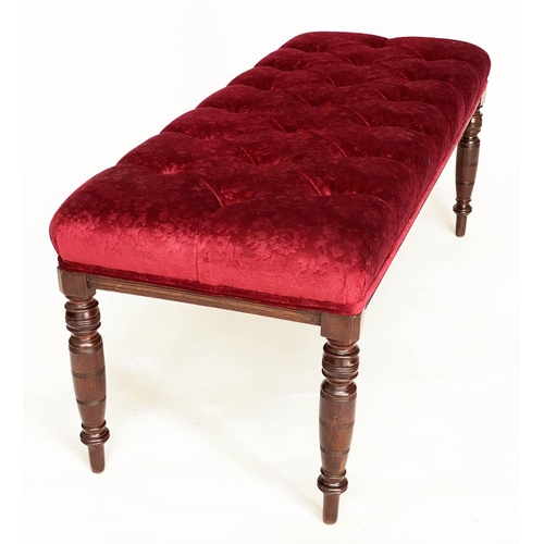 134 - WINDOW SEAT, Victorian style mahogany rectangular, with deep button claret brocade upholstery, 118cm... 