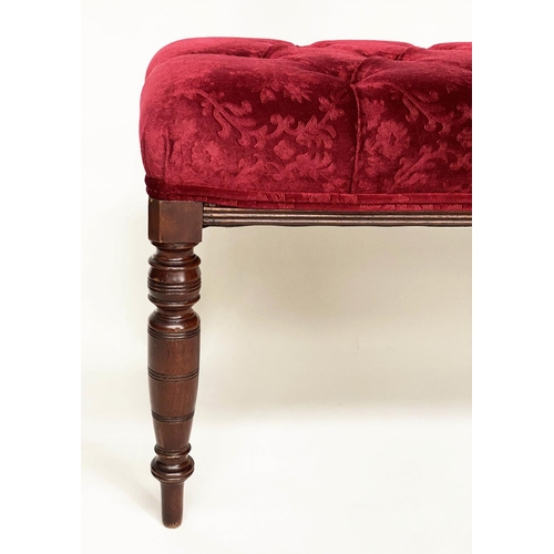 134 - WINDOW SEAT, Victorian style mahogany rectangular, with deep button claret brocade upholstery, 118cm... 