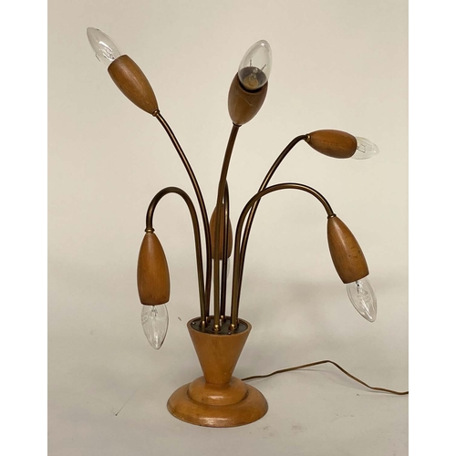 136 - 'TULIP' LIGHT, 1960s teak and bronze with six adjustable stems, 50cm H approx.