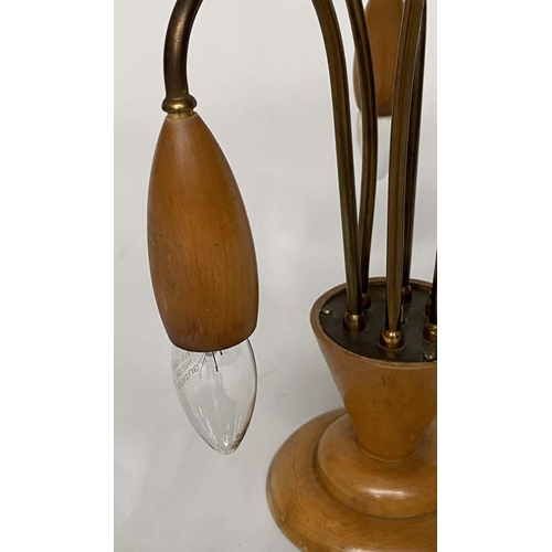 136 - 'TULIP' LIGHT, 1960s teak and bronze with six adjustable stems, 50cm H approx.