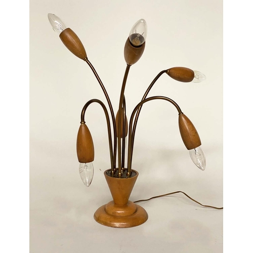 136 - 'TULIP' LIGHT, 1960s teak and bronze with six adjustable stems, 50cm H approx.