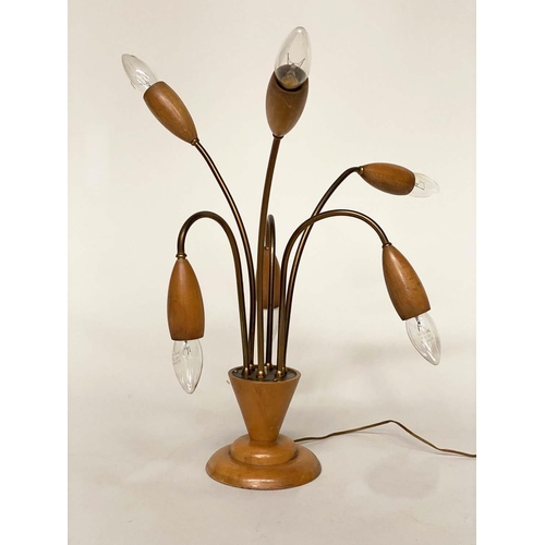 136 - 'TULIP' LIGHT, 1960s teak and bronze with six adjustable stems, 50cm H approx.