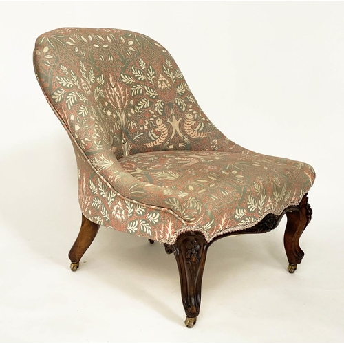 137 - SLIPPER CHAIR, late Victorian walnut with buttoned tapestry style upholstery and carved front suppor... 