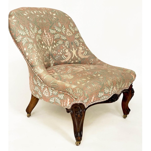 137 - SLIPPER CHAIR, late Victorian walnut with buttoned tapestry style upholstery and carved front suppor... 