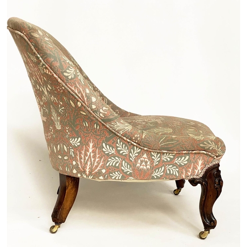 137 - SLIPPER CHAIR, late Victorian walnut with buttoned tapestry style upholstery and carved front suppor... 