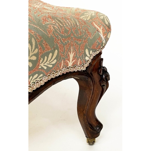 137 - SLIPPER CHAIR, late Victorian walnut with buttoned tapestry style upholstery and carved front suppor... 