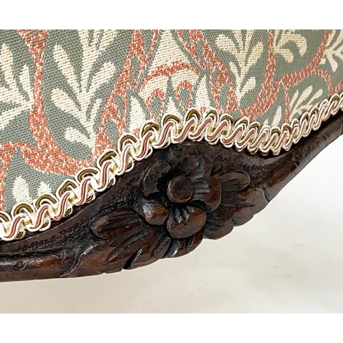 137 - SLIPPER CHAIR, late Victorian walnut with buttoned tapestry style upholstery and carved front suppor... 