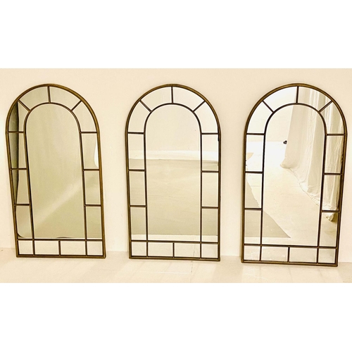 456 - ARCHITECTURAL WALL MIRRORS, a set of three, frames regency style, bronzed finish metal 107cm x 55cm.