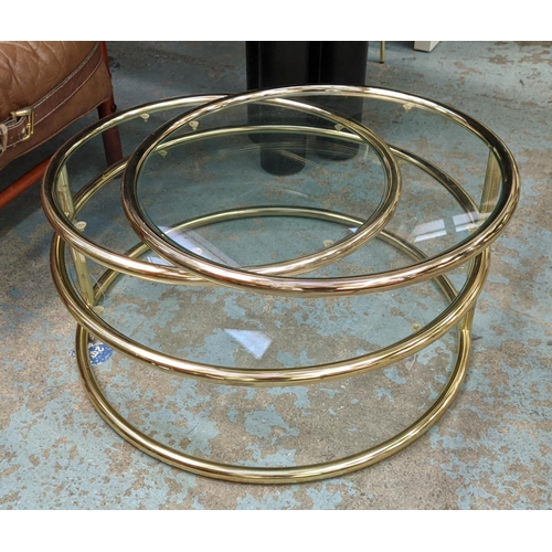 460 - AFTER MILO BAUGHMAN TABLE, 75cm x 50cm H, brass and glass tiered.