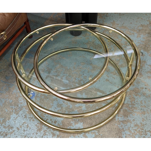 460 - AFTER MILO BAUGHMAN TABLE, 75cm x 50cm H, brass and glass tiered.