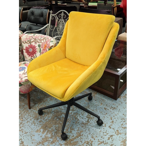 468 - DESK CHAIR, 107cm H at tallest, contemporary mustard velvet upholstered.