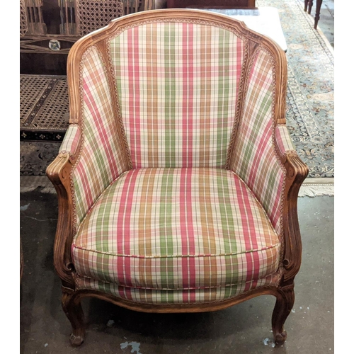 100 - BERGERES, 84cm H x 70cm, a pair, Louis XV style beechwood in check upholstery. (2)