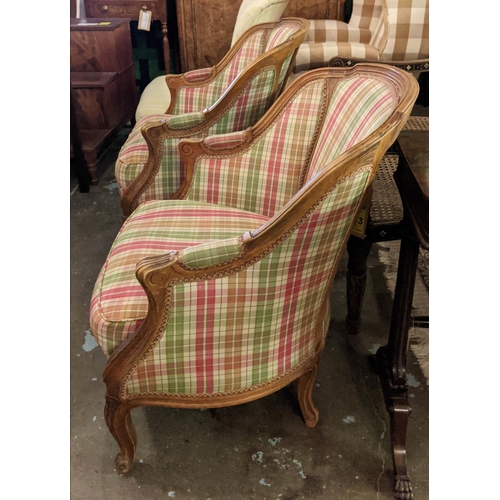 100 - BERGERES, 84cm H x 70cm, a pair, Louis XV style beechwood in check upholstery. (2)