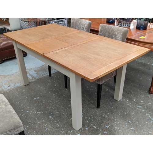 336 - DINING TABLE, 79cm H x 90cm x 140cm L, 180cm extended, grey painted with oak top and retractable lea... 