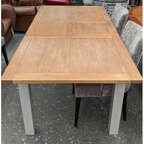 336 - DINING TABLE, 79cm H x 90cm x 140cm L, 180cm extended, grey painted with oak top and retractable lea... 