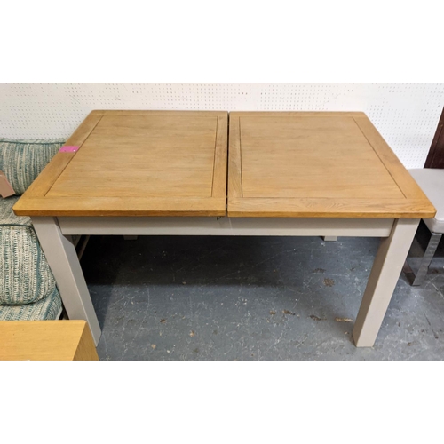 336 - DINING TABLE, 79cm H x 90cm x 140cm L, 180cm extended, grey painted with oak top and retractable lea... 