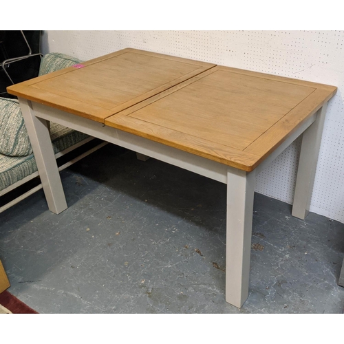 336 - DINING TABLE, 79cm H x 90cm x 140cm L, 180cm extended, grey painted with oak top and retractable lea... 