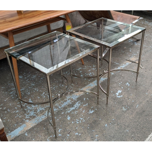 341 - SIDE TABLES, a pair, 62cm h x 54cm x 54cm, chrome with mirror bordered glass tops. (2)