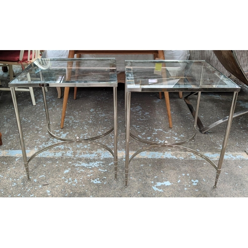 341 - SIDE TABLES, a pair, 62cm h x 54cm x 54cm, chrome with mirror bordered glass tops. (2)