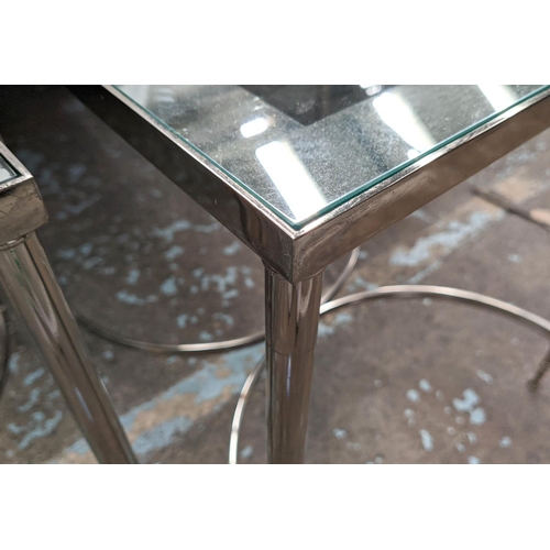 341 - SIDE TABLES, a pair, 62cm h x 54cm x 54cm, chrome with mirror bordered glass tops. (2)