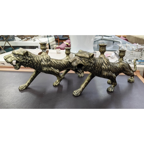 363 - TIGER CANDELABRA, a pair, 55cm x 10cm x 25cm, gilt metal. (2)