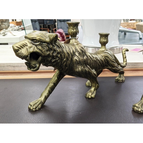 363 - TIGER CANDELABRA, a pair, 55cm x 10cm x 25cm, gilt metal. (2)