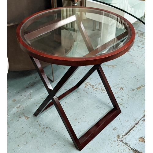 477 - SIDE TABLE, 75cm diam x 78cm H, circular glass top, X frame base.