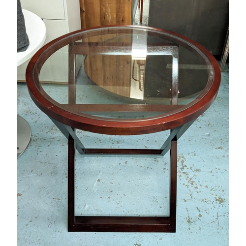 477 - SIDE TABLE, 75cm diam x 78cm H, circular glass top, X frame base.