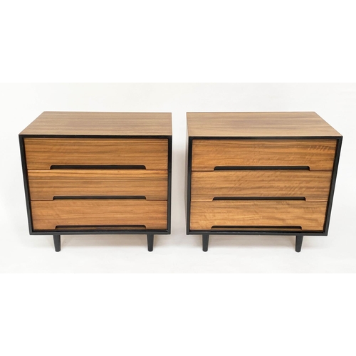 326 - STAG CHESTS, a pair, by John and Sylvia Reid, Afromonia teak and ebonised detail, each with three dr... 