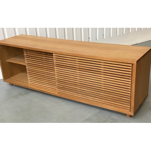 327 - SIDE CABINET, Scandinavian style oak with two slatted sliding doors with shelves, 178cm W x 60cm H x... 