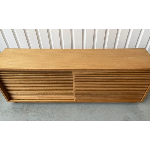 327 - SIDE CABINET, Scandinavian style oak with two slatted sliding doors with shelves, 178cm W x 60cm H x... 