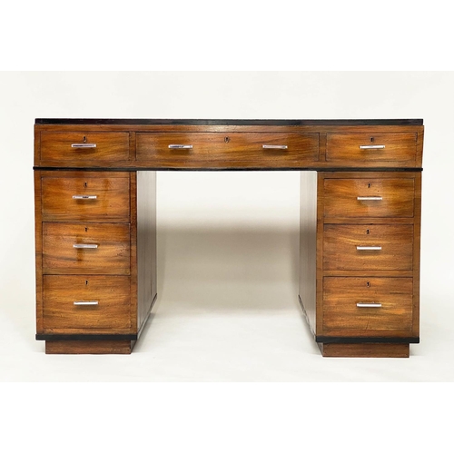 113 - ART DECO PEDESTAL DESK, walnut with tooled leather writing surface and nine drawers, 122cm x 60cm D ... 