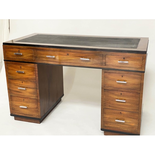 113 - ART DECO PEDESTAL DESK, walnut with tooled leather writing surface and nine drawers, 122cm x 60cm D ... 