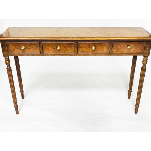 119 - HALL TABLE, George III design burr walnut and crossbanded with four short drawers, 125cm x 76cm h x ... 