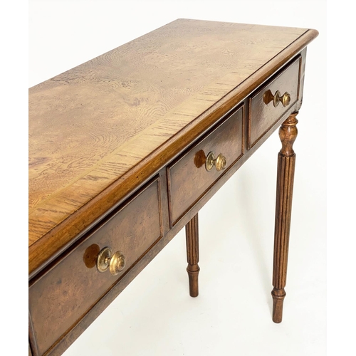 119 - HALL TABLE, George III design burr walnut and crossbanded with four short drawers, 125cm x 76cm h x ... 