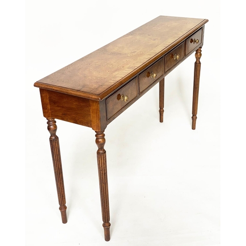 119 - HALL TABLE, George III design burr walnut and crossbanded with four short drawers, 125cm x 76cm h x ... 