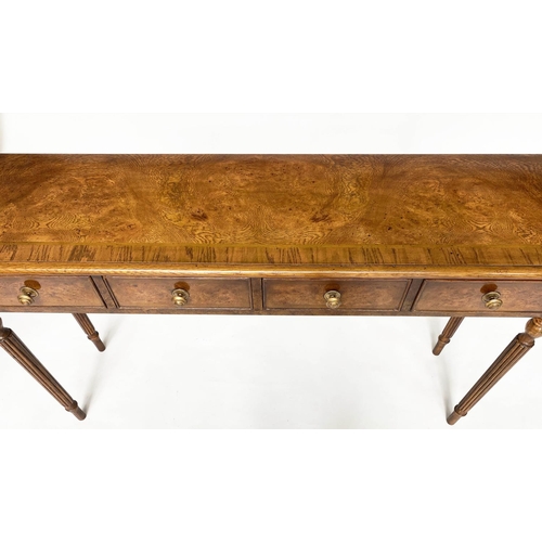 119 - HALL TABLE, George III design burr walnut and crossbanded with four short drawers, 125cm x 76cm h x ... 