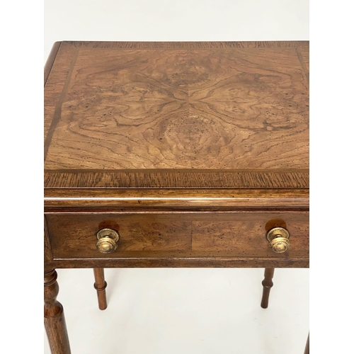 124 - LAMP TABLES, a pair, George III design burr walnut and crossbanded each with drawer and turned suppo... 