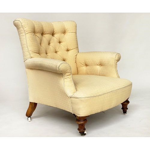 125 - ARMCHAIR, early Victorian walnut with deep button upholstered and cord bound primrose yellow upholst... 