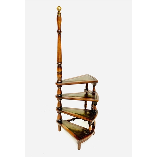 145 - LIBRARY STEPS, a set, Georgian style mahogany with four gilt tooled leather tread spiral steps and p... 