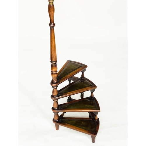 145 - LIBRARY STEPS, a set, Georgian style mahogany with four gilt tooled leather tread spiral steps and p... 